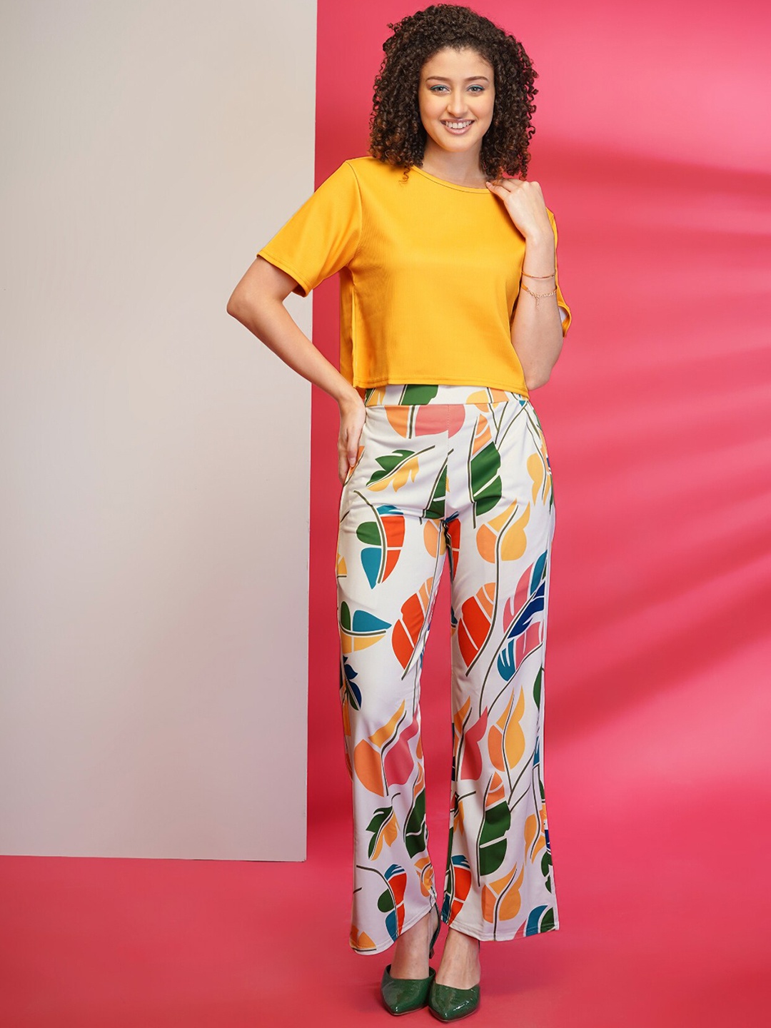 

DressBerry Mustard Yellow Round Neck Top & Printed Trouser