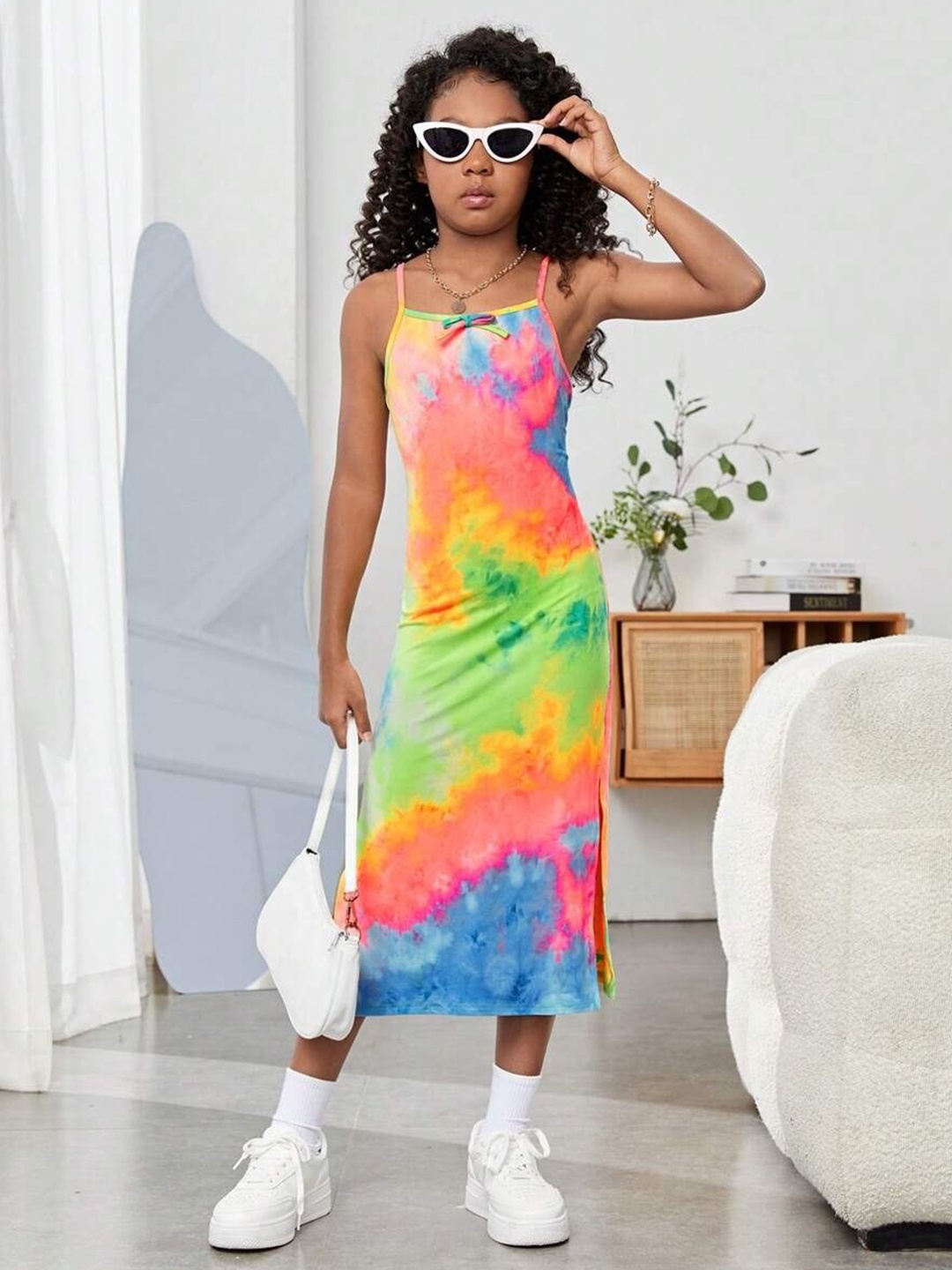 

BAESD Girls Abstract Print Shoulder Straps A-Line Midi Holi Dress, Green
