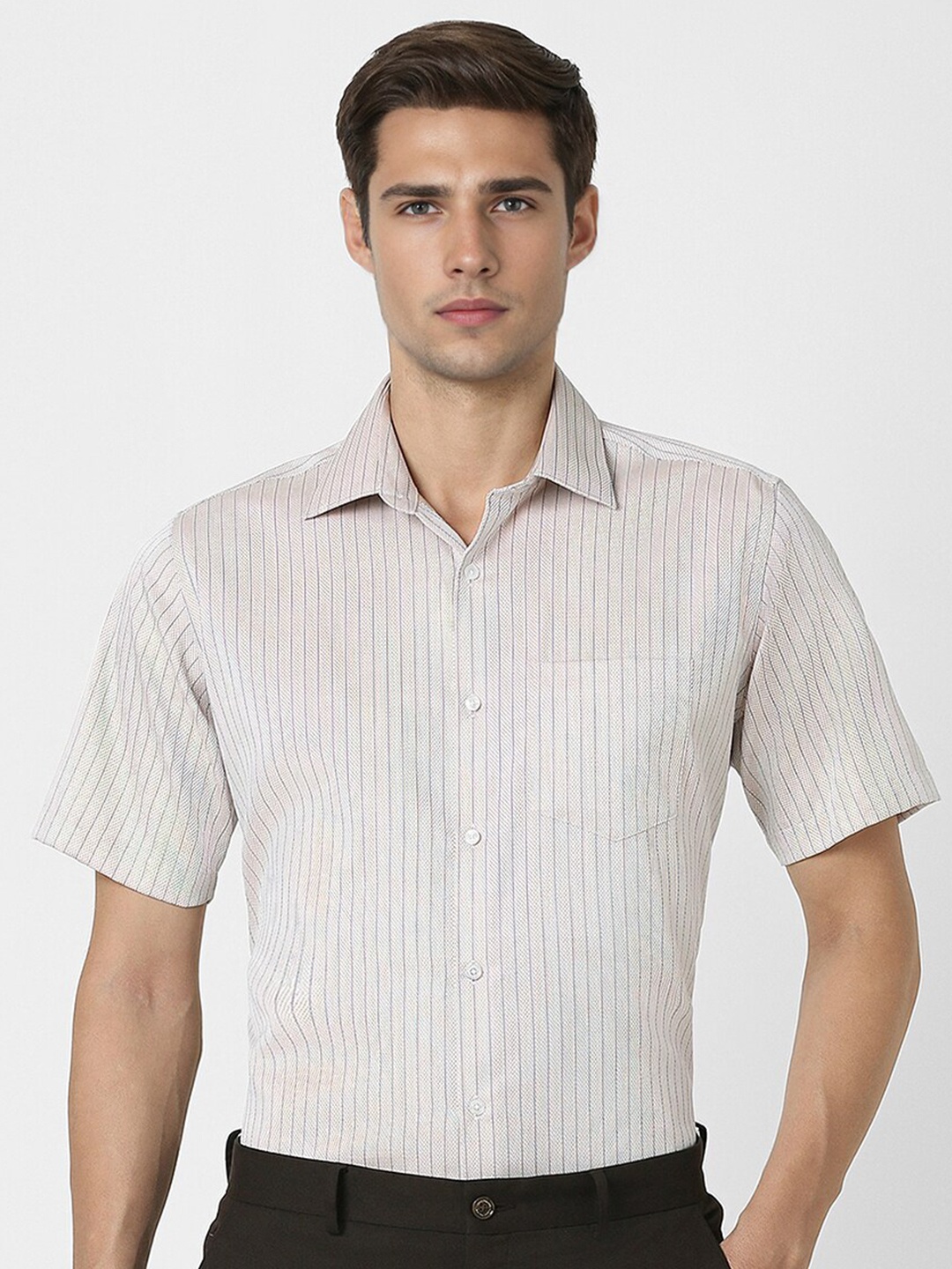 

Van Heusen Spread Collar Short Sleeves Striped Regular Fit Formal Shirt, Beige