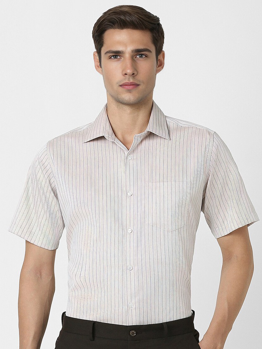 

Van Heusen Spread Collar Short Sleeves Regular Fit Striped Formal Shirt, Beige