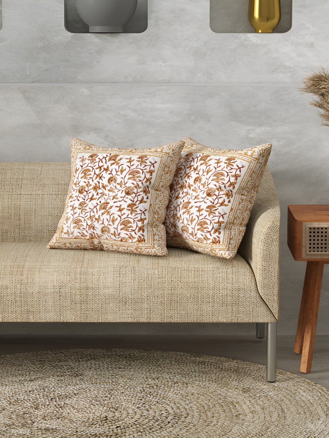 

LIVING ROOTS Brown & White 2 Pieces Ethnic Motifs Cotton Square Cushion Covers