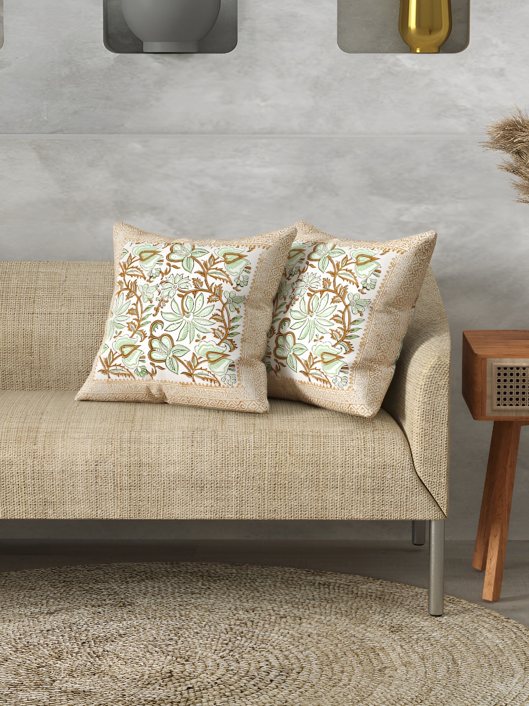 

LIVING ROOTS White 2Pcs Block Printed Premium Textured Canvas Cotton Cushion Covers