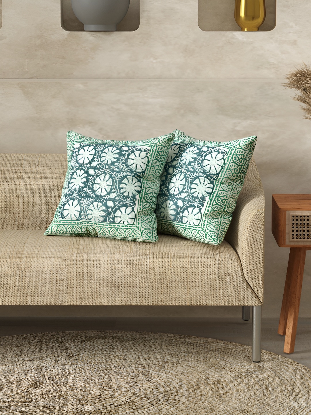 

LIVING ROOTS Luxury Block Print Havey Slub Cotton Green & White Square Cushion Covers