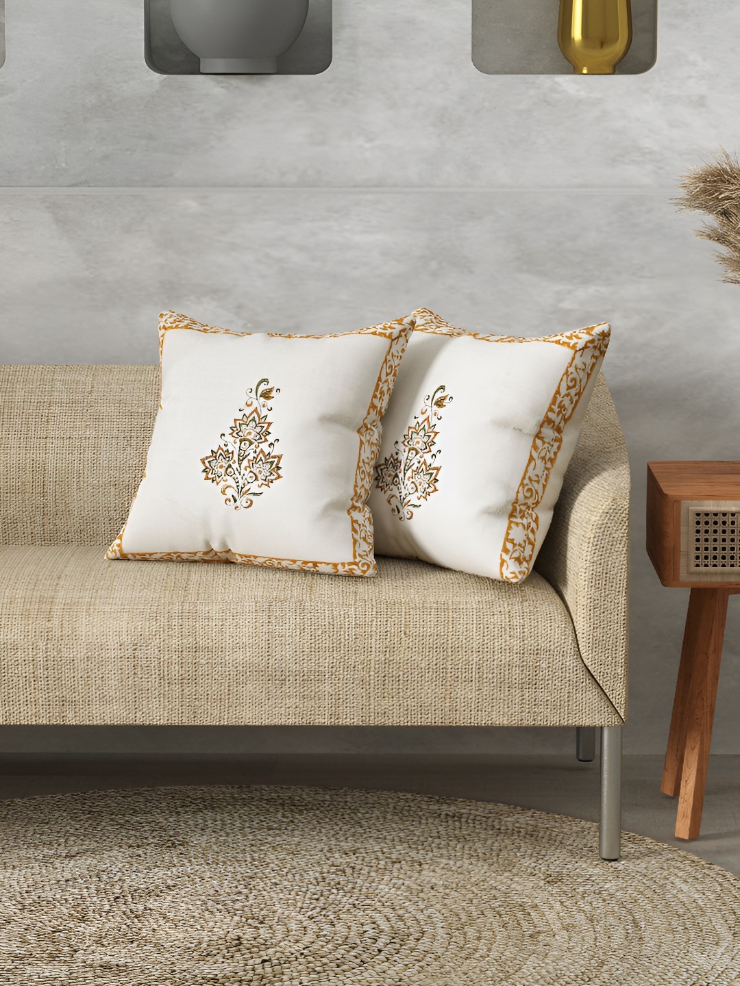 

LIVING ROOTS White 2 Pcs Ethnic Block Printed Premium Textured Cotton Cushion Covers