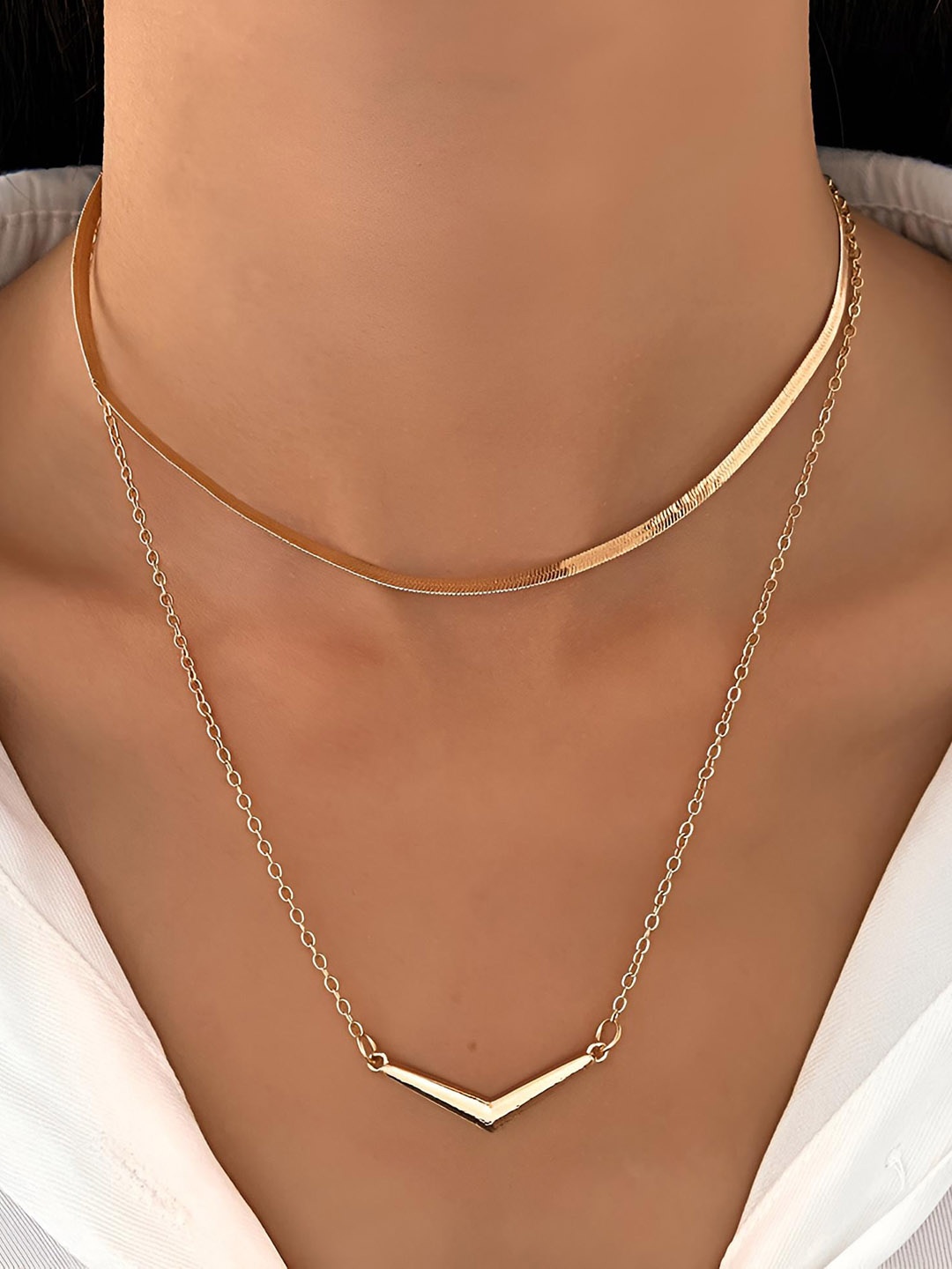 

Goho Elegant Layered Necklace With V-Shaped Pendant, Gold