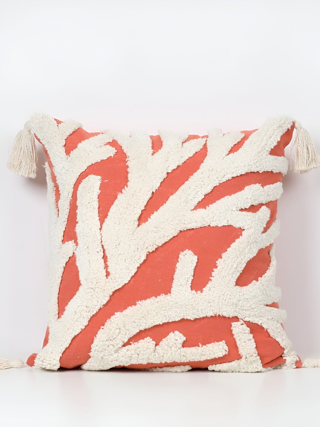 

House of Harkaari Orange & White Embroidered Square Cushion Covers