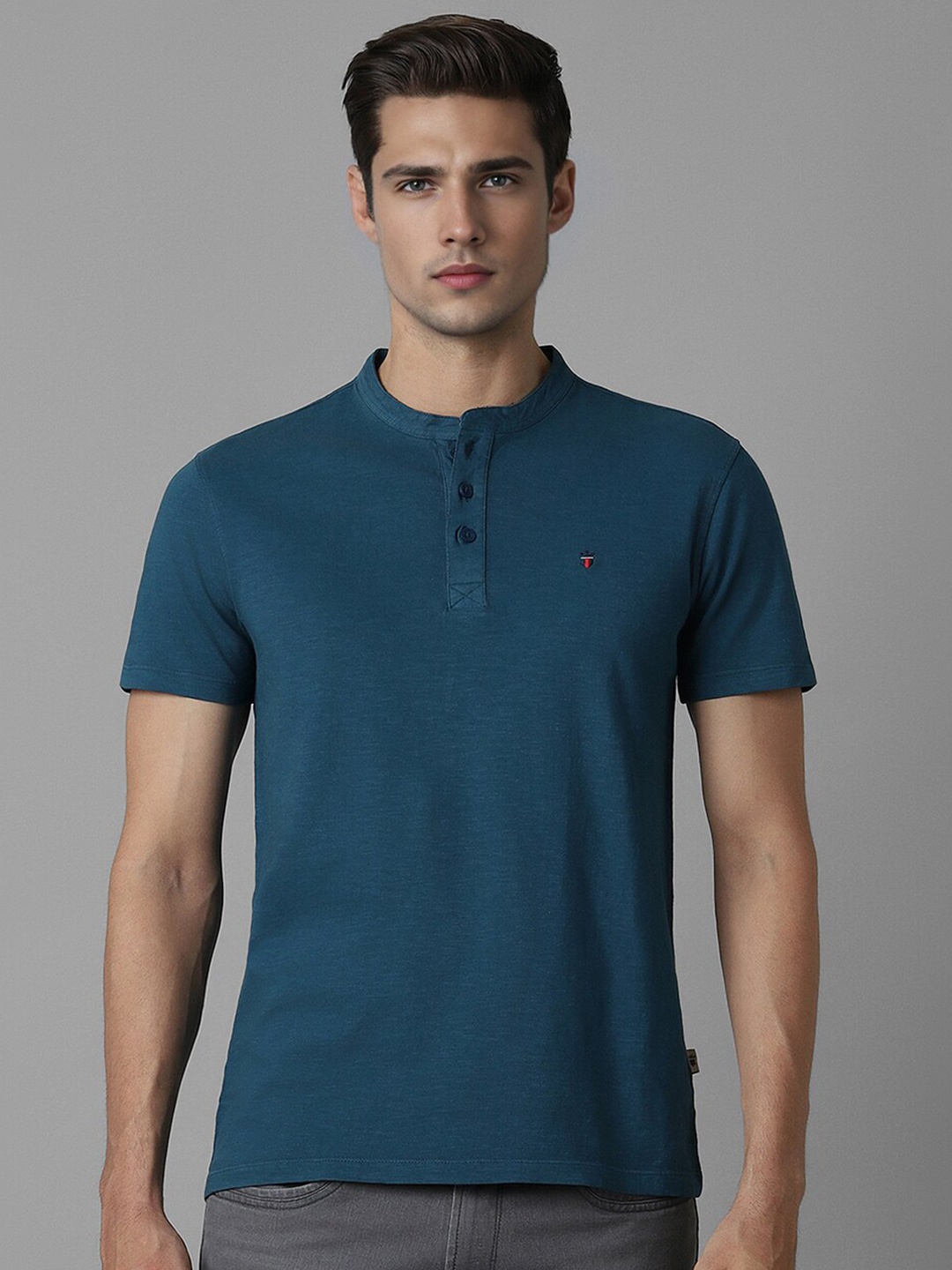 

Louis Philippe Jeans Short Sleeves Cotton Mandarin Collar Slim Fit T-shirt, Blue