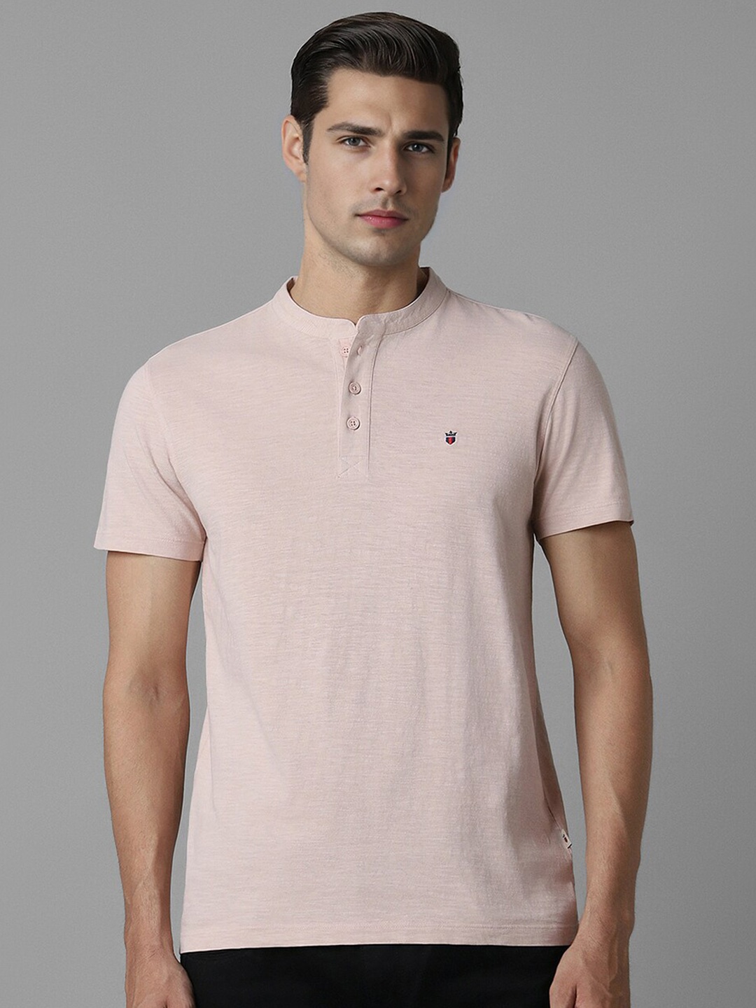 

Louis Philippe Jeans Slim Fit Short Sleeves Henley Neck Cotton T-shirt, Pink