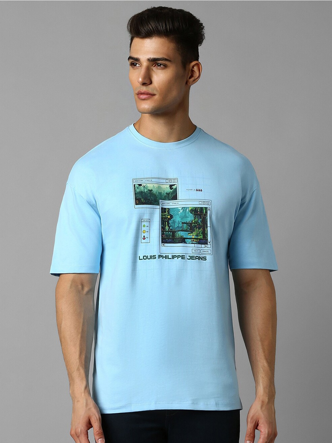 

Louis Philippe Jeans Graphic Printed Crew Neck Cotton Slim Fit T-shirt, Blue