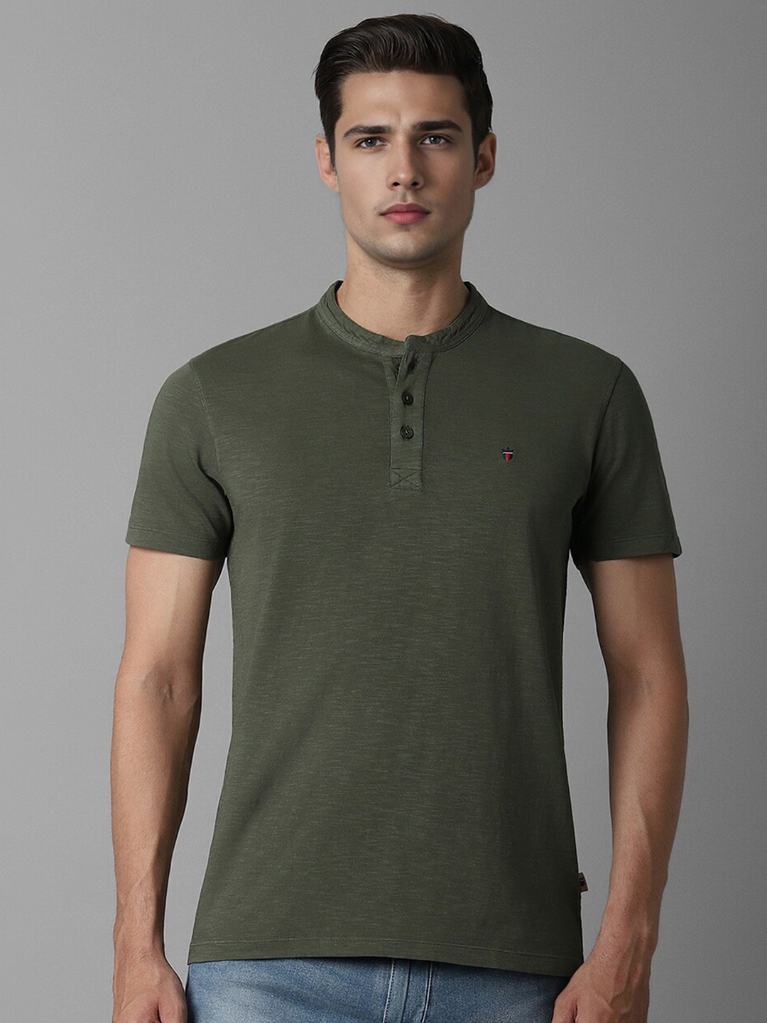 

Louis Philippe Jeans Henley Neck Short Sleeves Cotton Slim Fit T-shirt, Olive