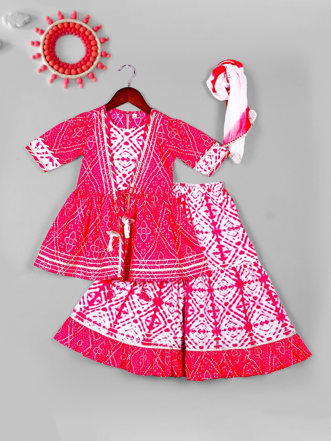 

BAESD Girls Bandhani Printed Empire Gotta Patti Pure Cotton Kurta with Sharara & Dupatta, Fuchsia