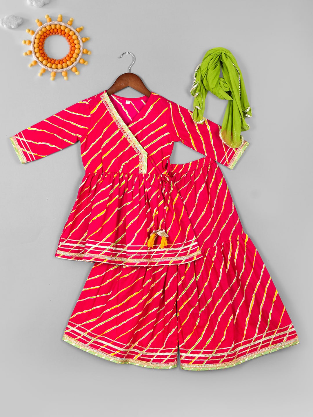 

BAESD Girls V Neck Leheriya Printed Gotta Patti Pure Cotton Kurta with Sharara & Dupatta, Red