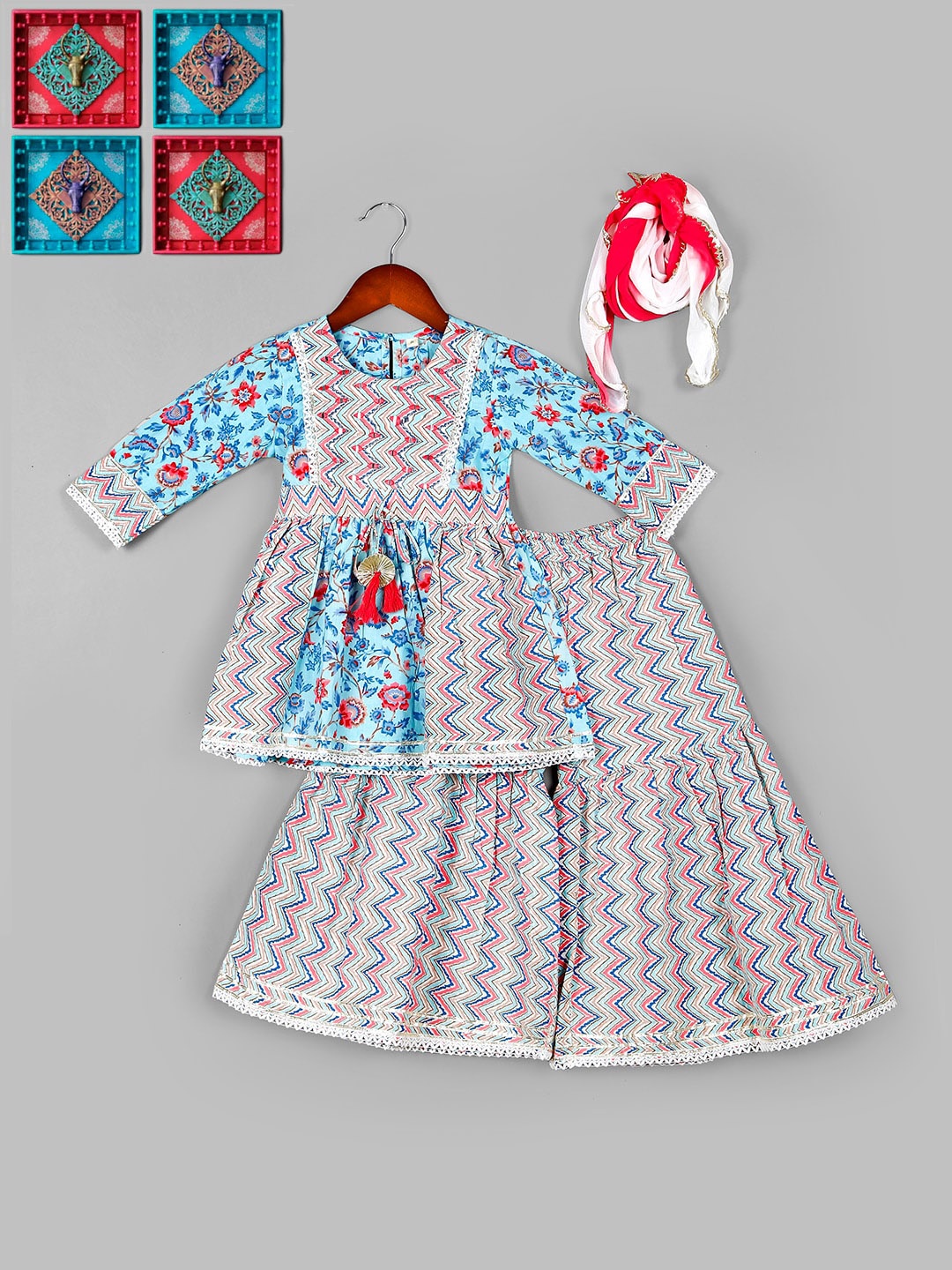 

BAESD Girls Round Neck Floral Printed Empire Cotton Kurta with Sharara & Dupatta, Blue
