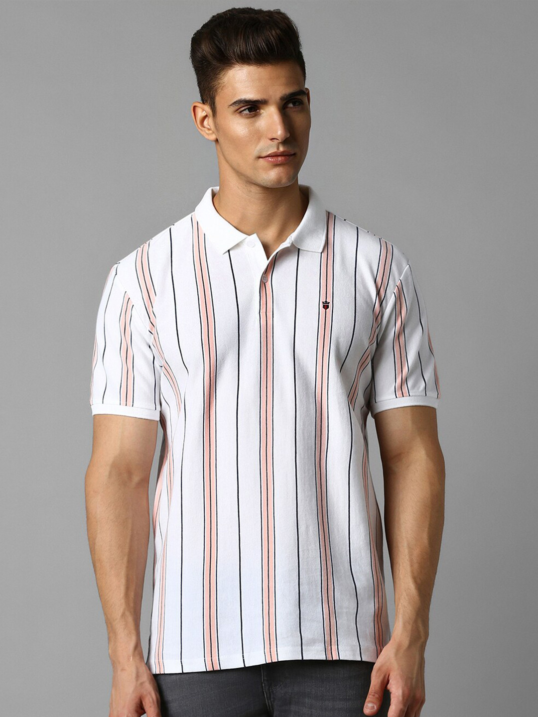 

Louis Philippe Sport Striped Short Sleeves Cotton Polo Collar Slim Fit T-shirt, White