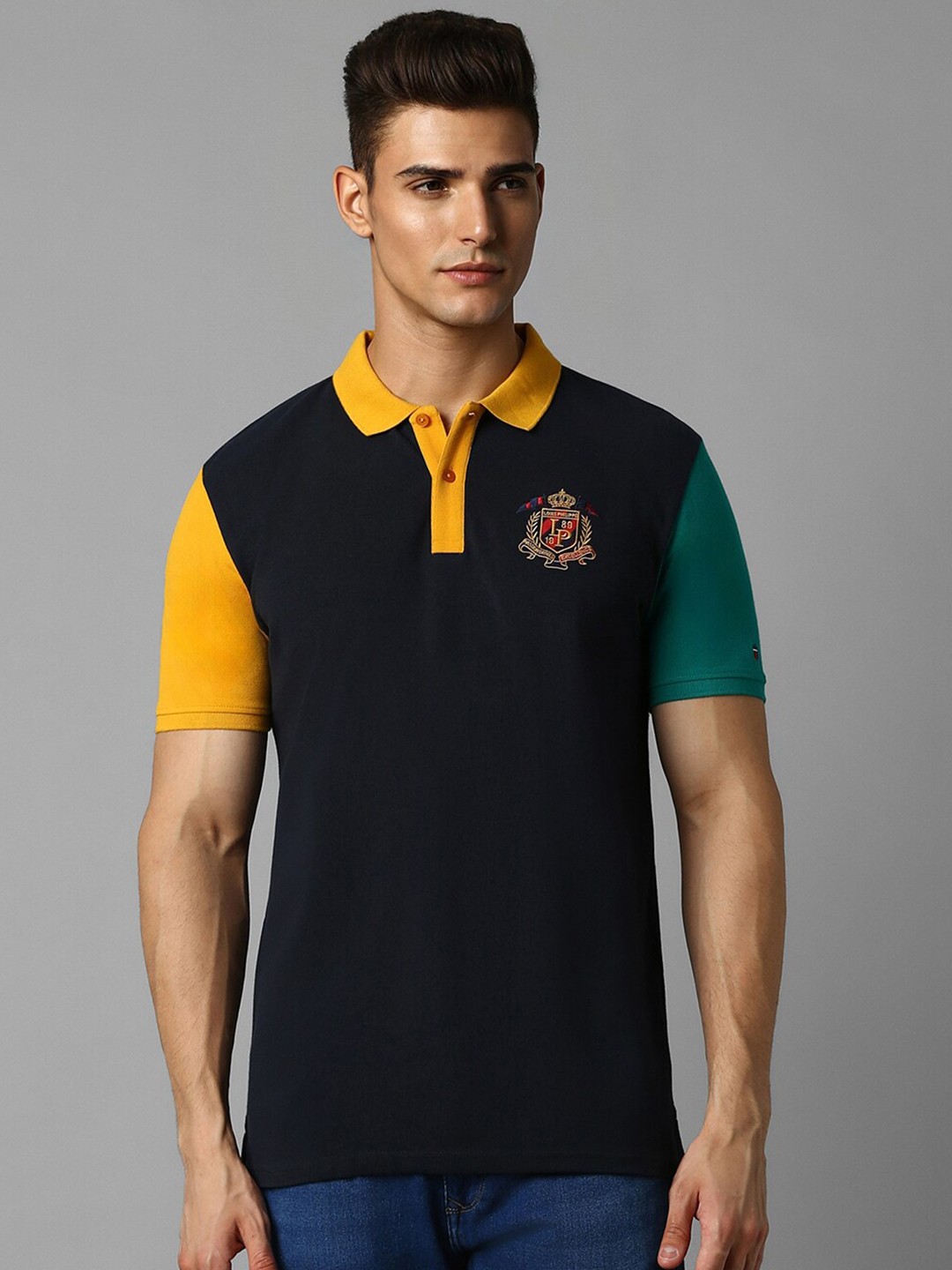 

Louis Philippe Sport Colourblocked Polo Collar Short Sleeves Cotton Slim Fit T-shirt, Black