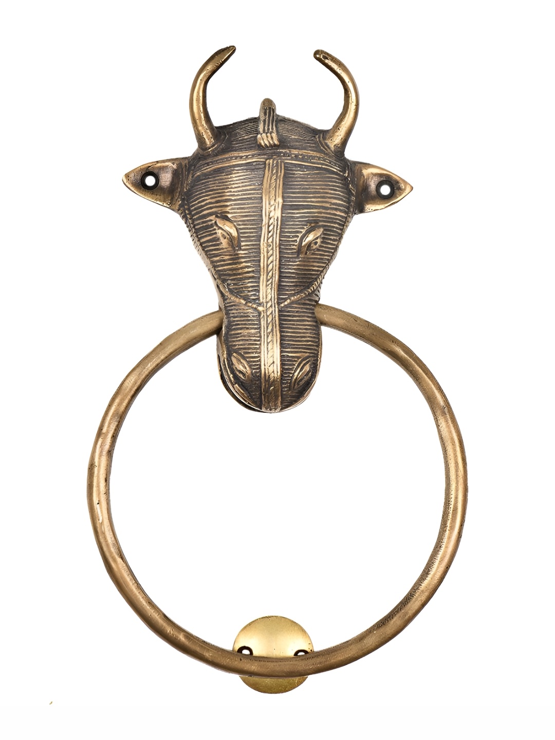 

Indianshelf Tribal Bull Ox Head Brass Door Knocker, Gold