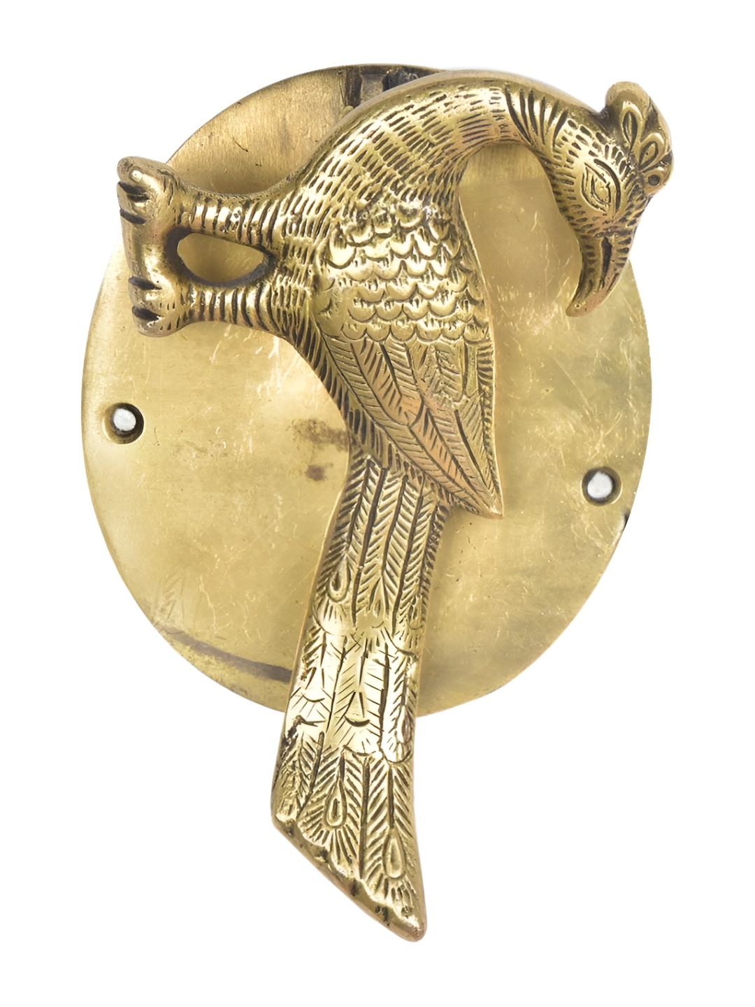 

Indianshelf Carved Peacock Statue Brass Door Knocker, Gold