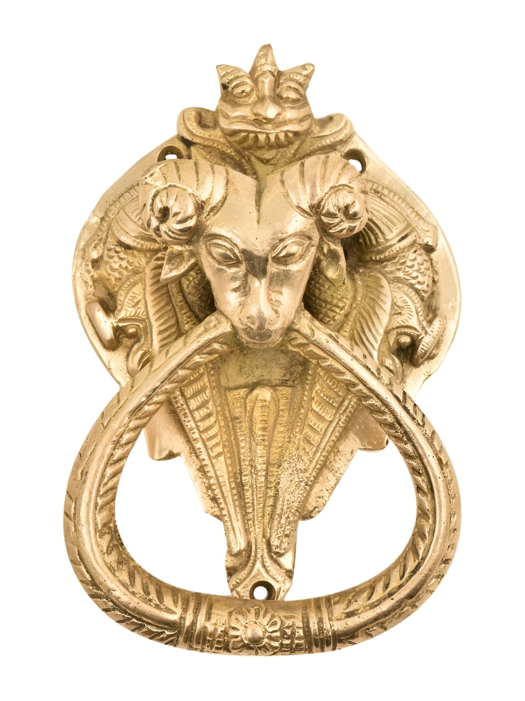 

Indianshelf Gold Toned Demon Birds With Ram Head Brass Door Knocker