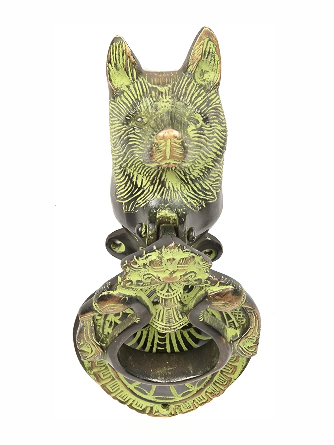 

Indianshelf Black & Yellow Wolf Atop Two Peacocks Door Knocker