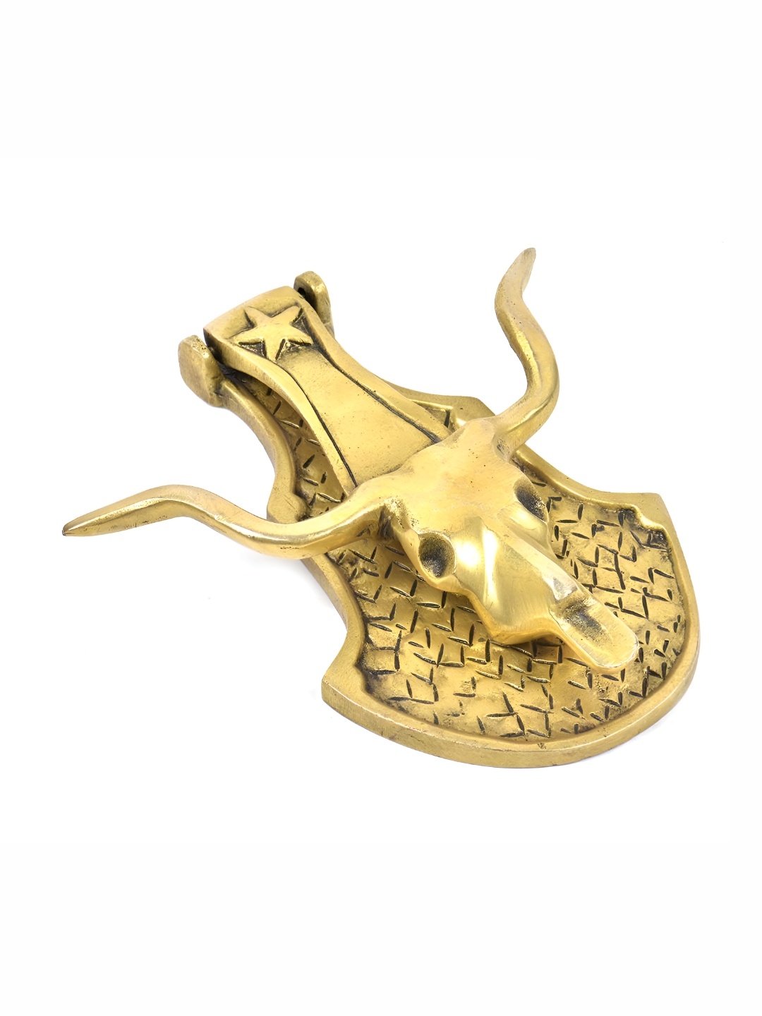 

Indianshelf Gold Toned Bull Head Knocker With Horns On An Engaved