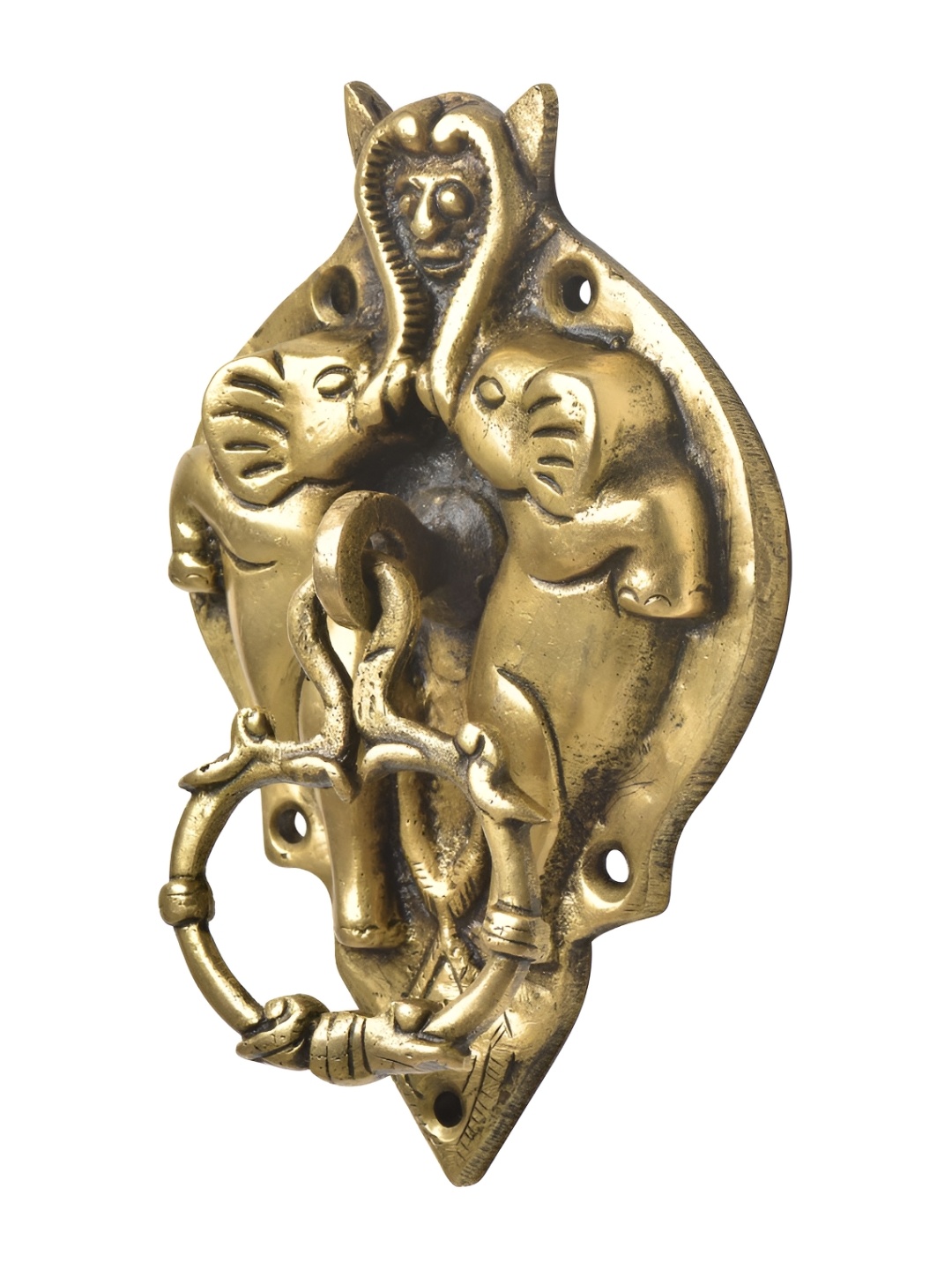 

Indianshelf Gold Toned Demon Face In Two Elephant Door Knocker