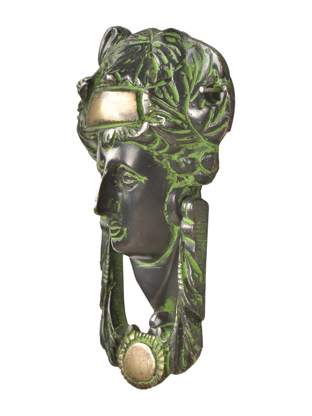 

Indianshelf Black & Green Woman's Head Door Knocker With Patina