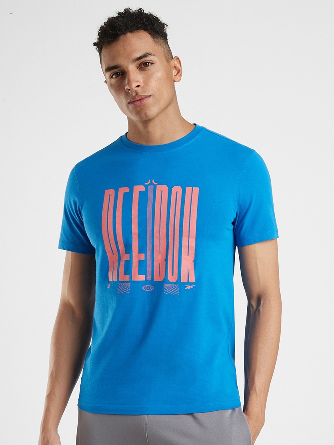 Reebok Statement Single Color Slim Fit Printed Pure Cotton T-shirt, Blue