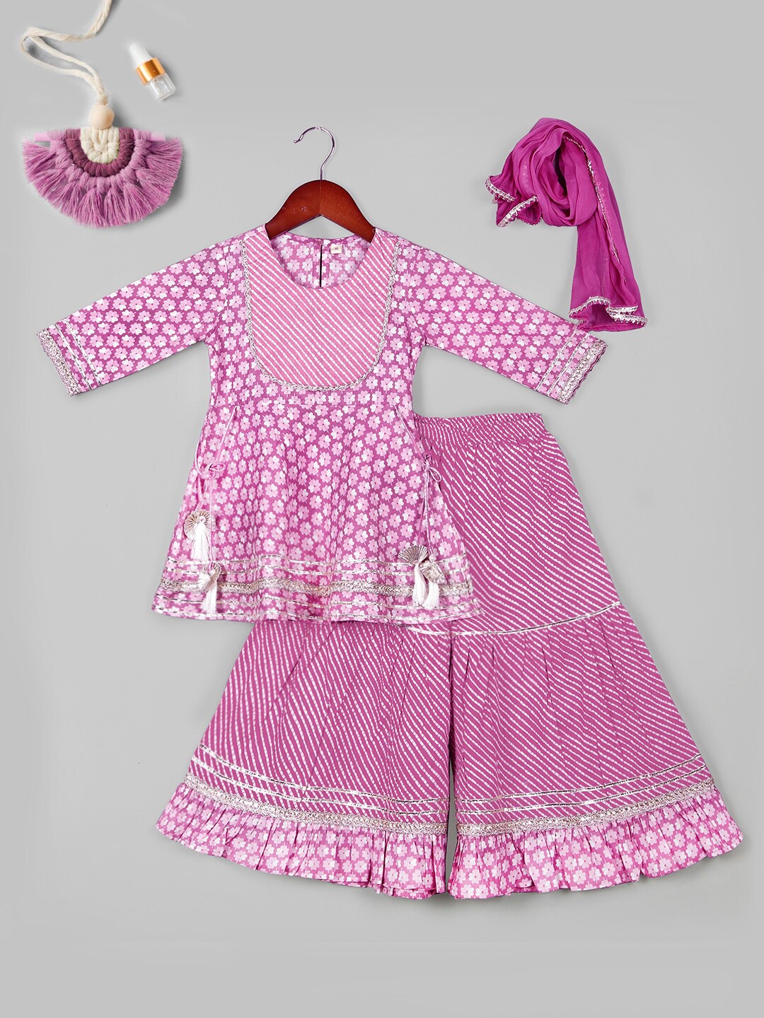 

BAESD Girls Floral Printed Empire Gotta Patti Pure Cotton Kurta with Sharara & Dupatta, Mauve