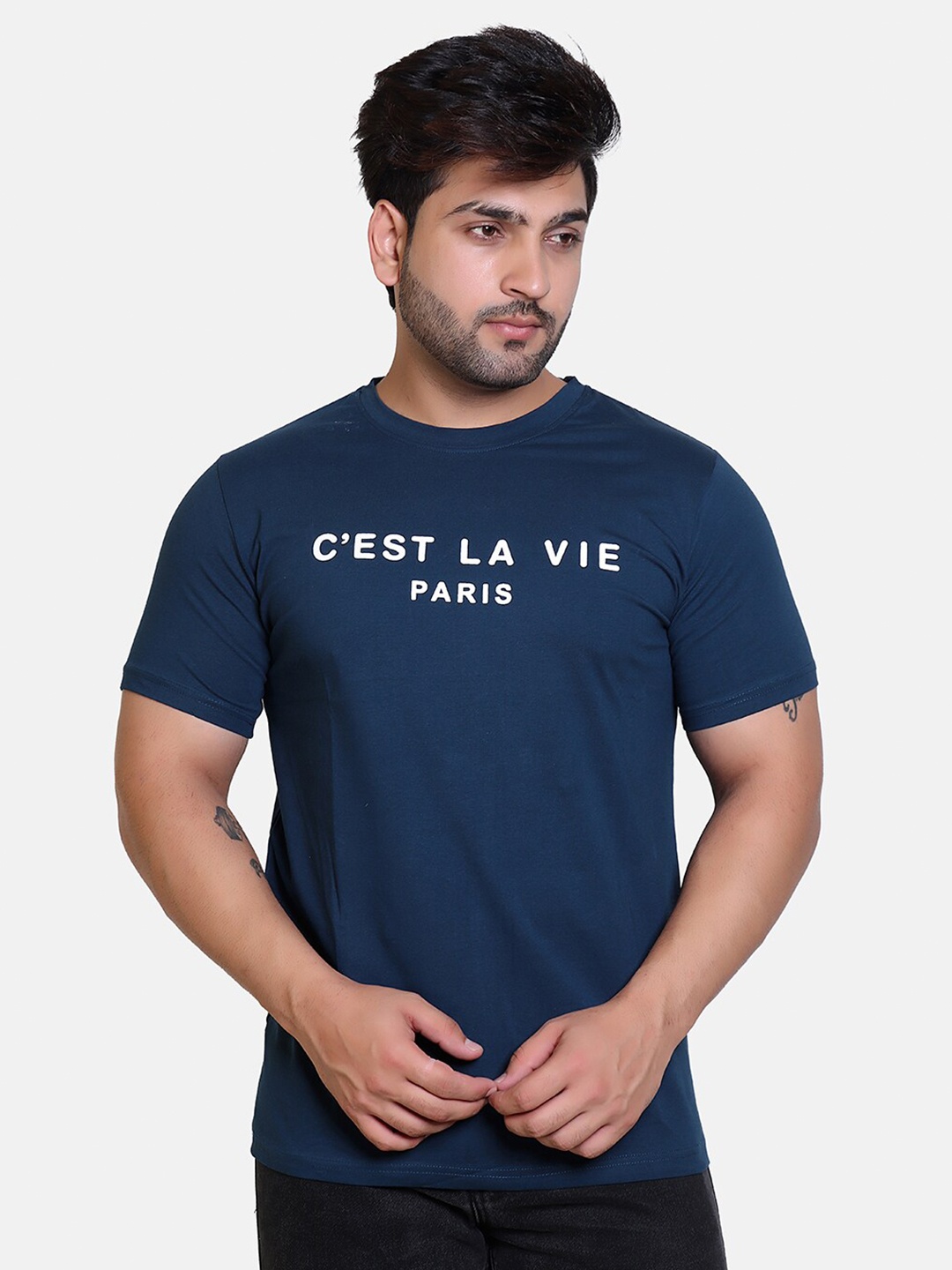 

BAESD Typography Printed Round Neck Relaxed Comfort Fit T-shirt, Navy blue