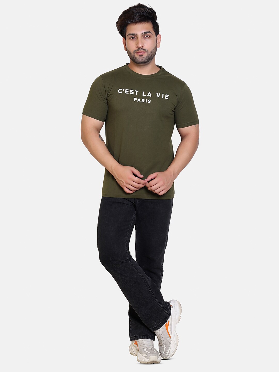 

BAESD Typography Printed Short Sleeves Round Neck Cotton T-shirt, Olive
