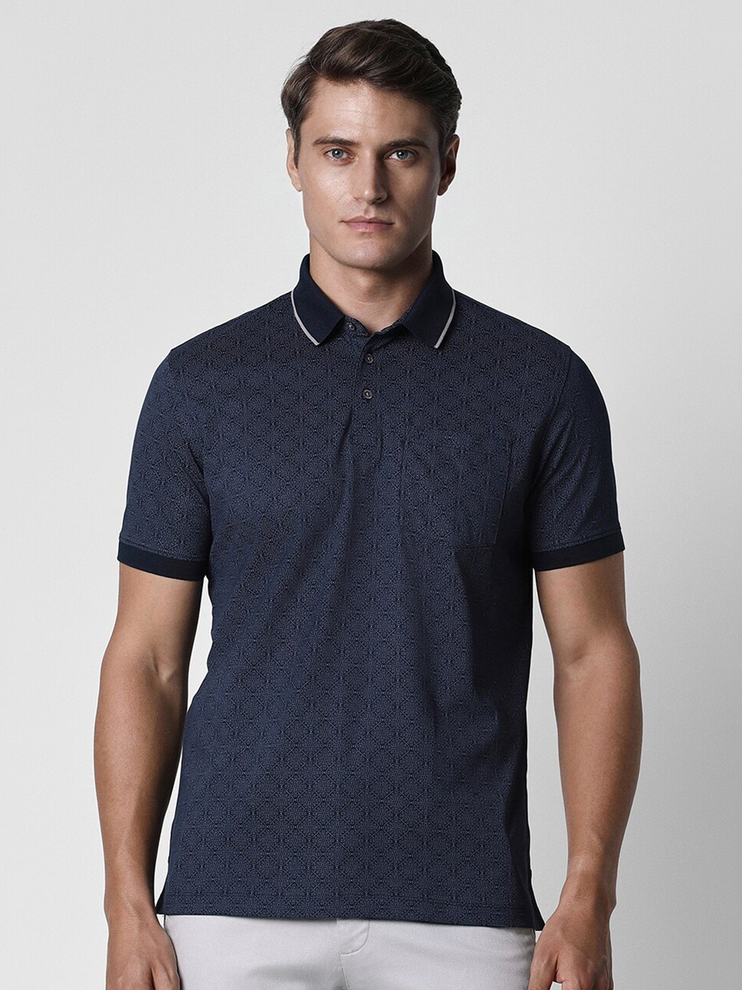 

Van Heusen Geometric Printed Polo Collar Cotton Casual T-shirt, Navy blue