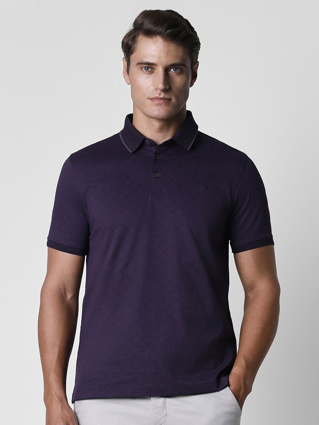 

Van Heusen Geometric Printed Polo Collar Cotton Casual T-shirt, Purple