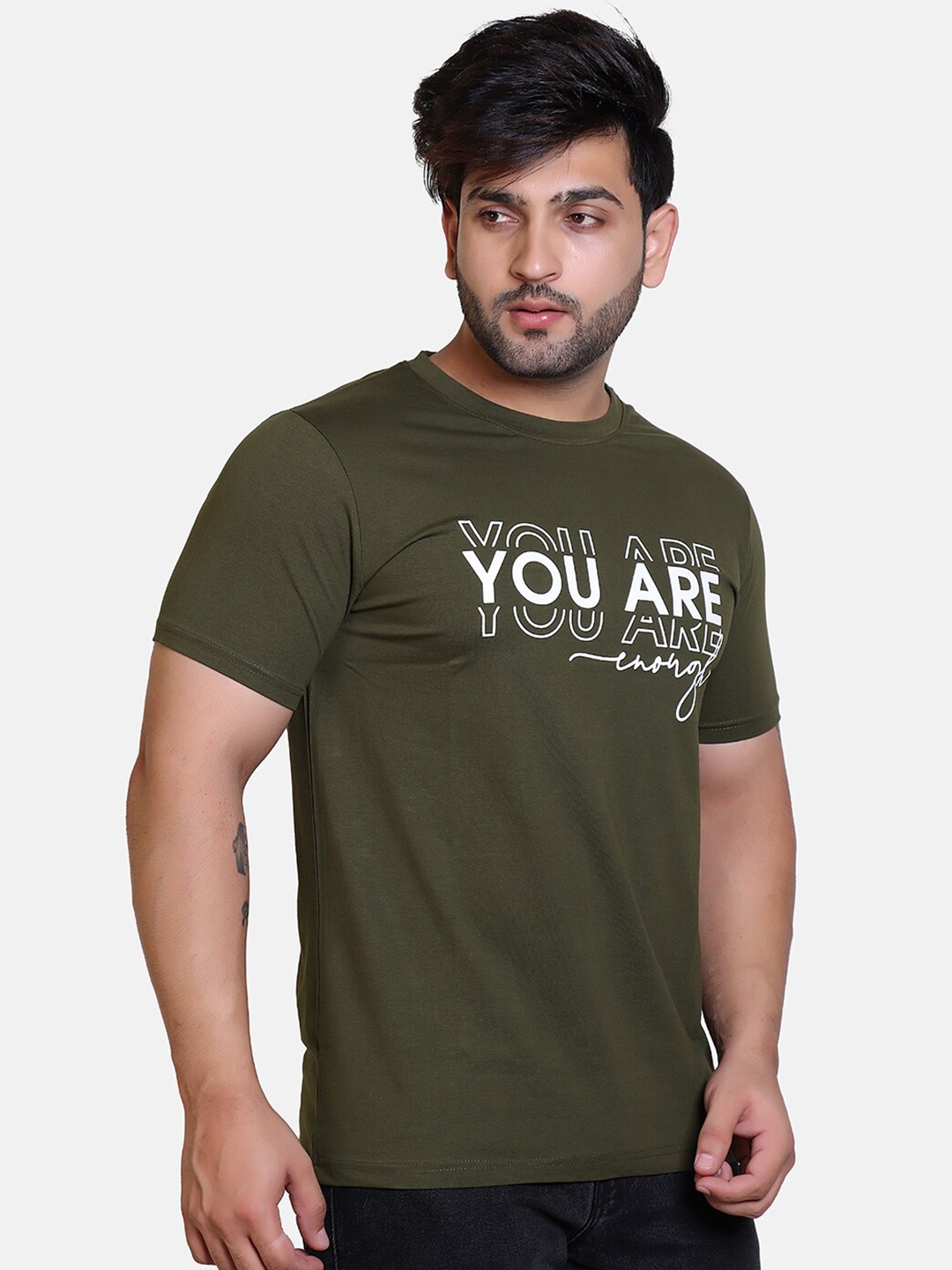 

BAESD Typography Printed Round Neck Relaxed Comfort Fit T-shirt, Olive