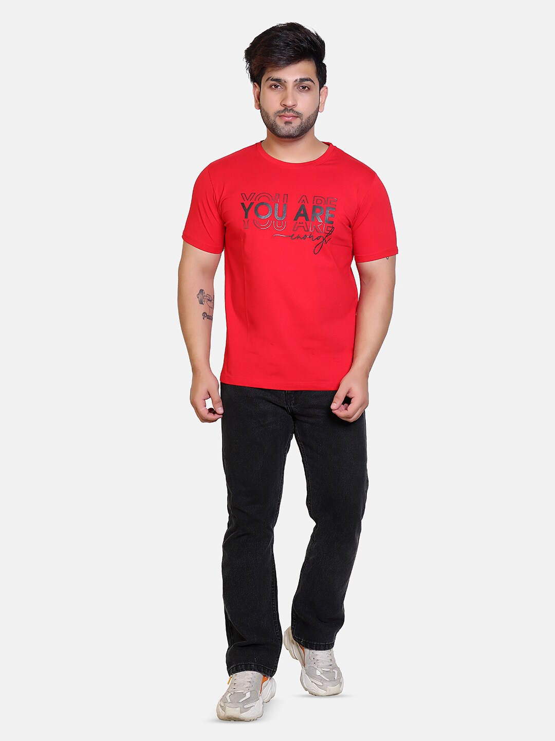 

BAESD Typography Printed Round Neck Relaxed Comfort Fit T-shirt, Red