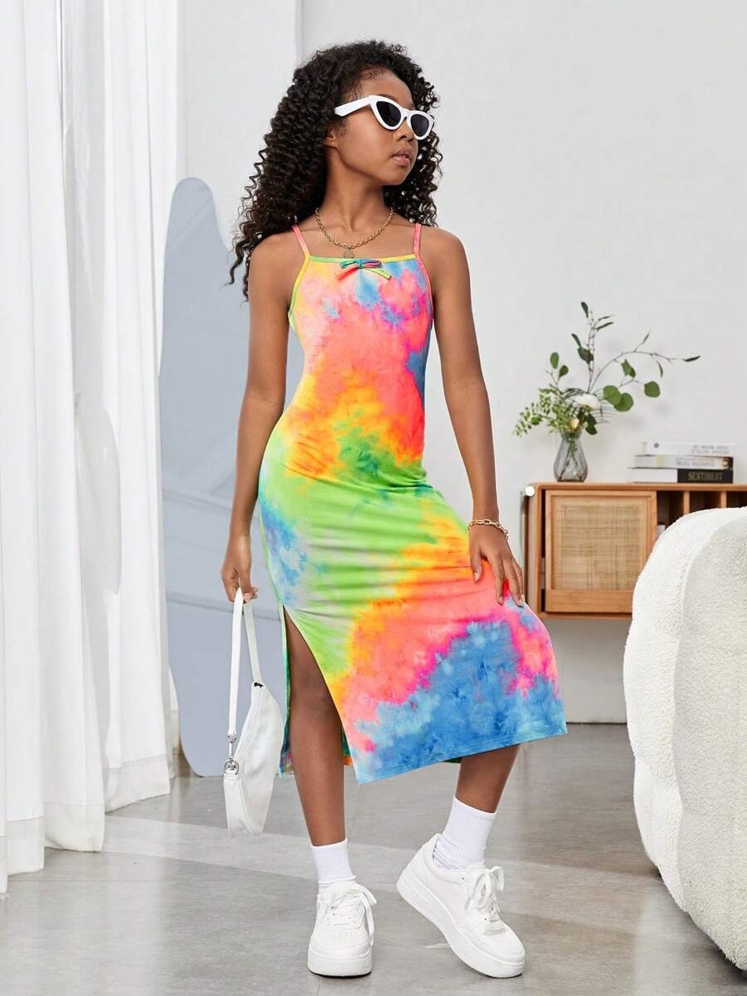 

BAESD Girls Abstract Print Crepe A-Line Midi Casual Holi Dress, Green