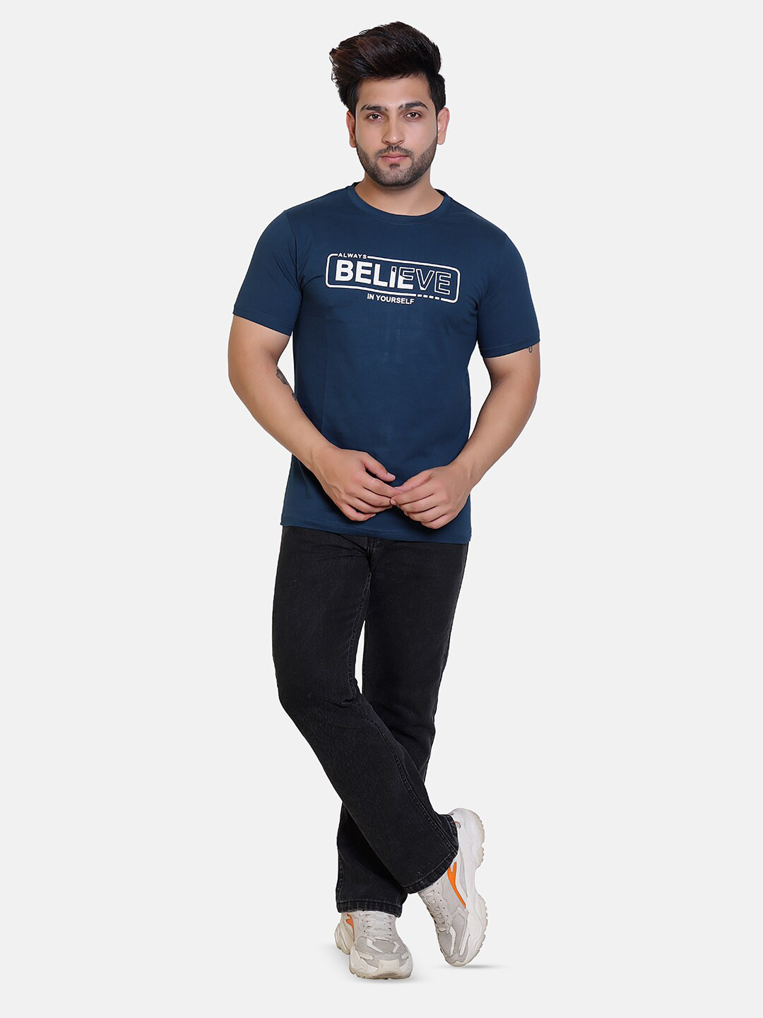 

BAESD Typography Printed Round Neck Relaxed Comfort Fit T-shirt, Navy blue