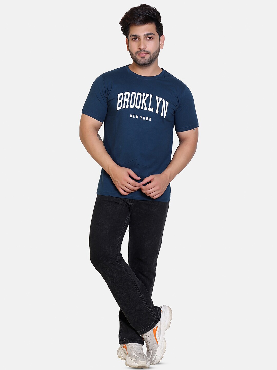 

BAESD Typography Printed Round Neck Knitted Cotton T-shirt, Navy blue