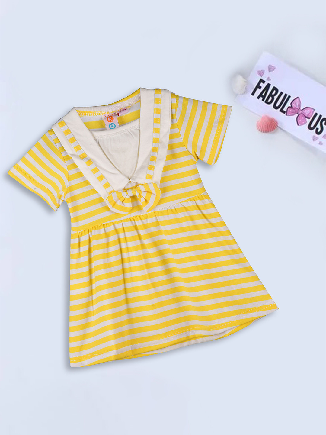 

Kids On Board Girls Striped V-Neck Cotton Fit & Flare Dress, Yellow