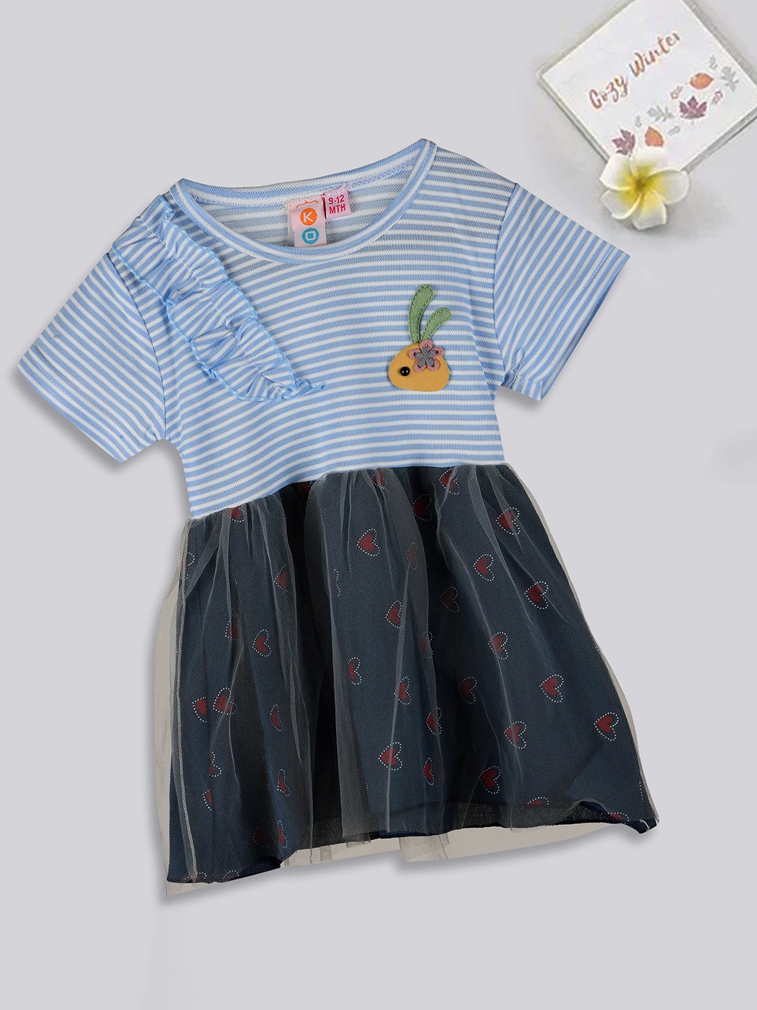 

Kids On Board Girls Striped Round Neck Cotton Fit & Flare Dress, Blue