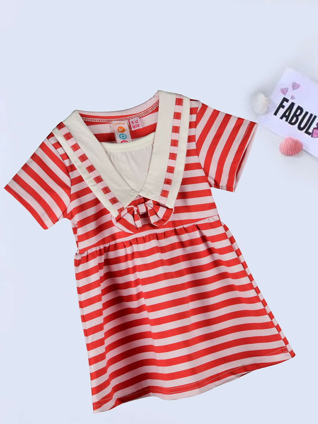 

Kids On Board Girls Striped V-Neck Cotton Fit & Flare Dress, Red