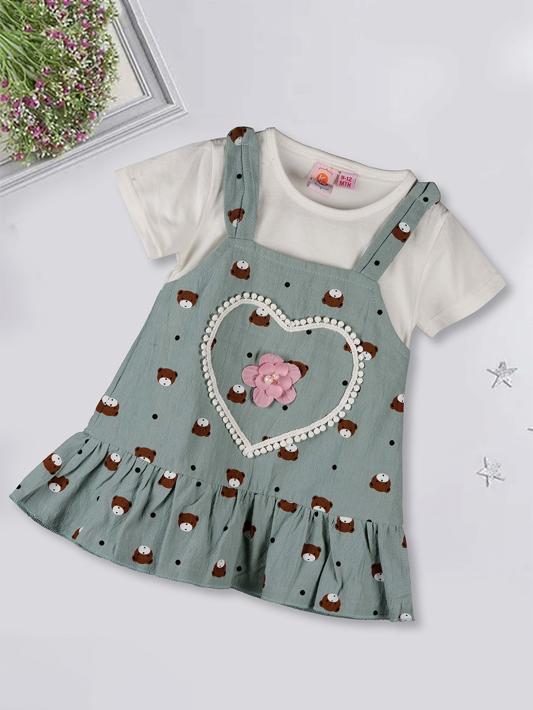 

Kids On Board Girls Conversational Print Cotton Pinafore Dress, Green