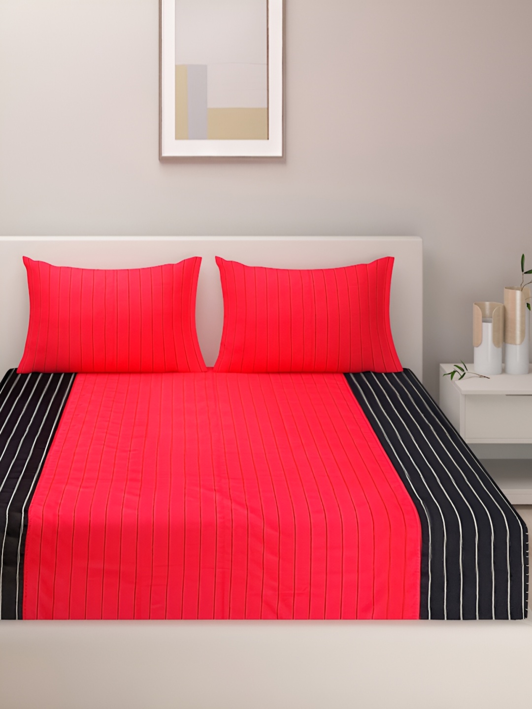 

SWAYAM Black & Red Striped Cotton Fitted 180 TC Queen Bedsheet With 2 Pillow Covers