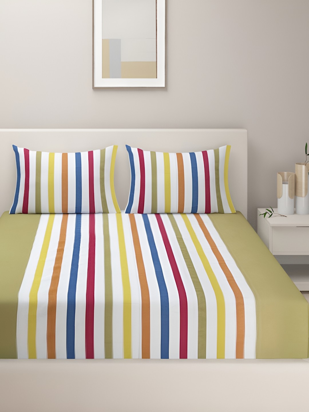

SWAYAM Green & White Striped Cotton 180 TC Queen Bedsheet With 2 Pillow Covers