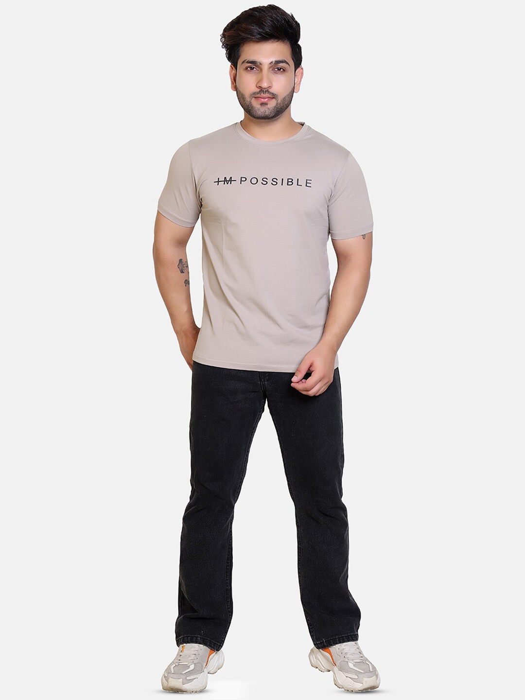 

BAESD Typography Printed Round Neck Relaxed Comfort Fit T-shirt, Beige