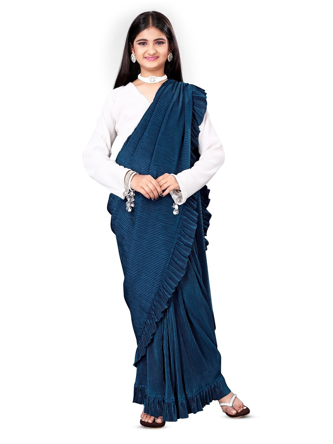 

Dhyey Fashion Girls Striped Ready to Wear Saree, Teal