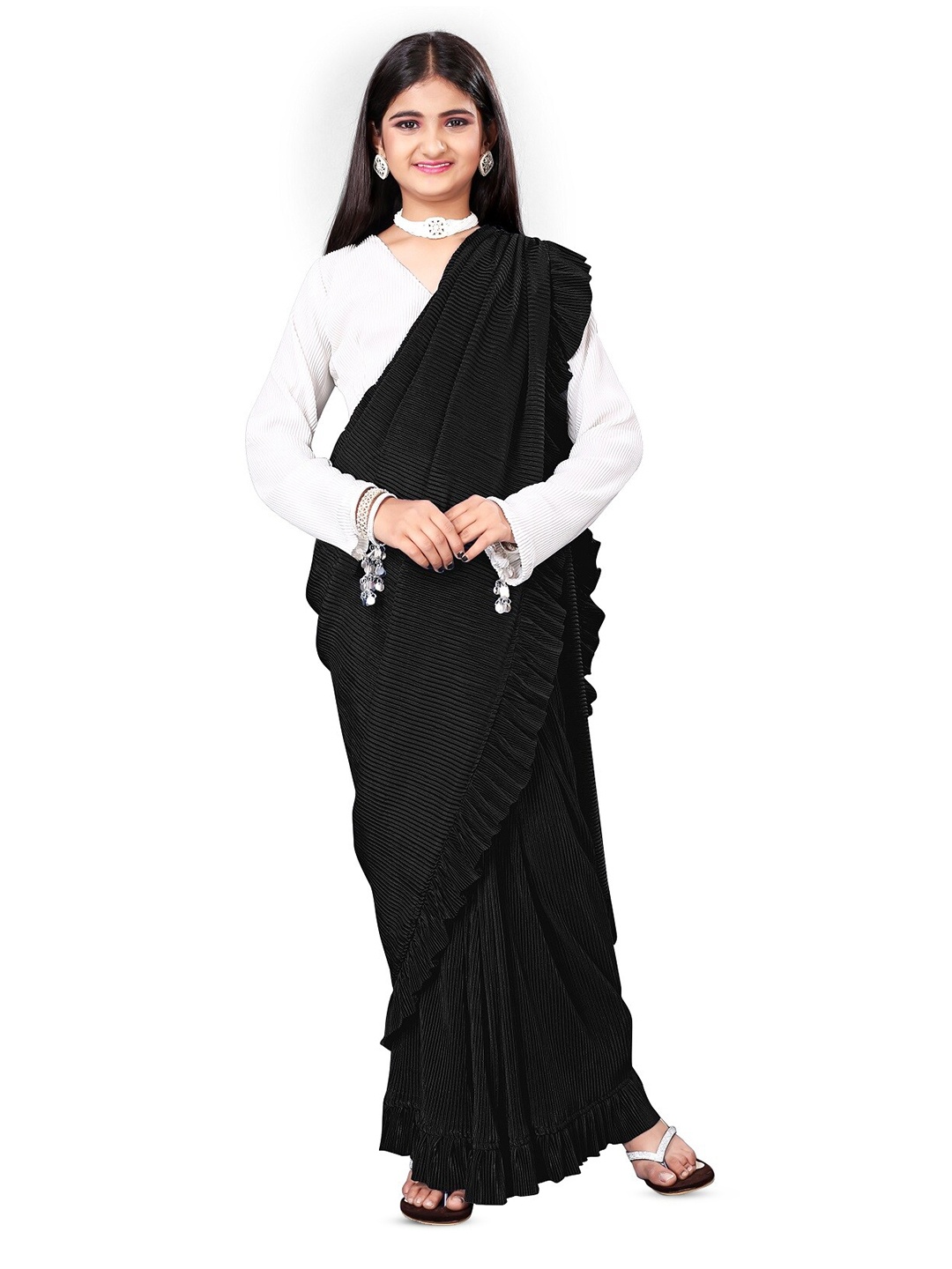 

Dhyey Fashion Girls Striped Ready to Wear Saree, Black