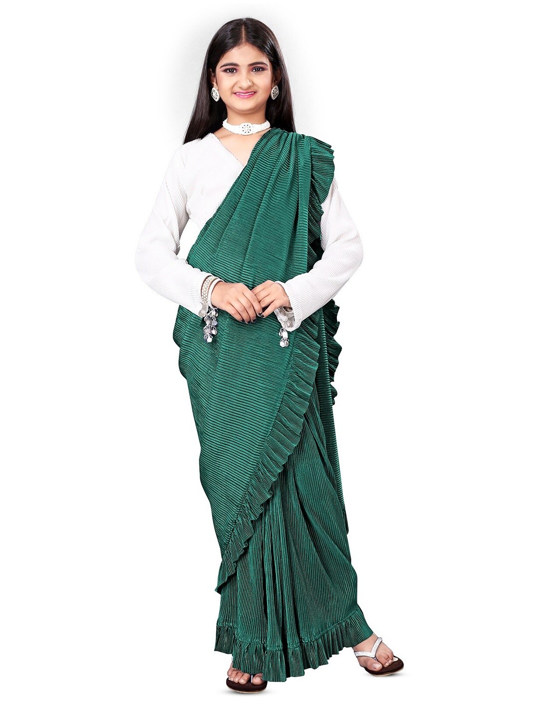 

Dhyey Fashion Girls Striped Ready to Wear Saree, Green