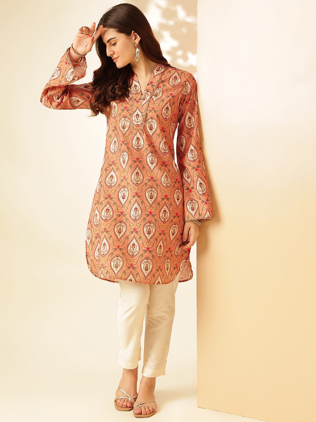 

Anouk Peach Printed Ethinic Motifs Flared SleevFoil Print Thread Work Pathani Kurta