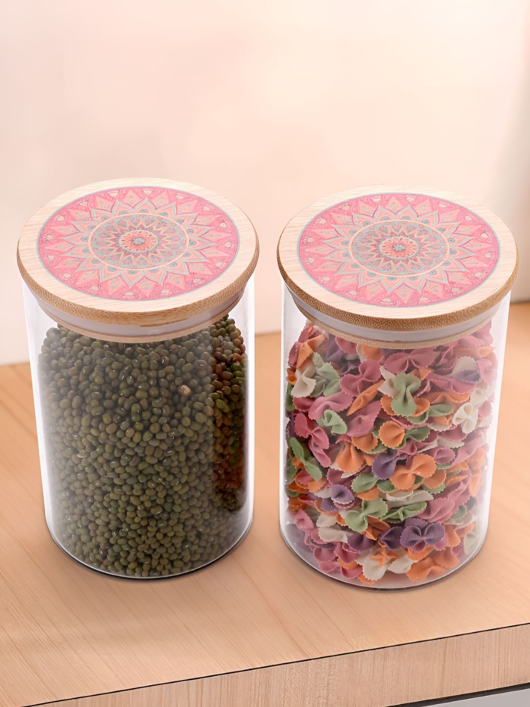 

UMAI Transparent & Pink 2-pcs Glass Jars With Printed Bamboo Lids 1 l