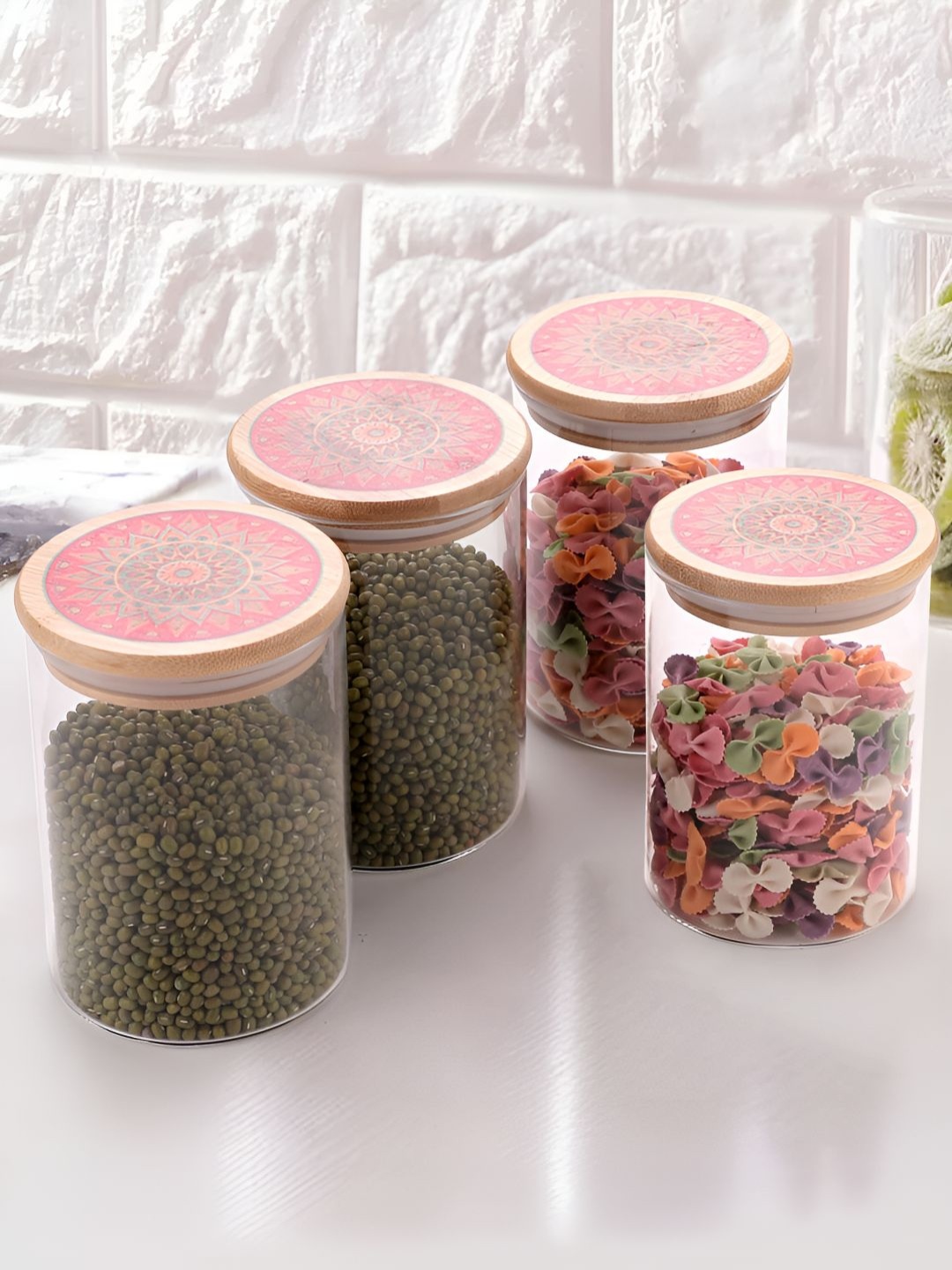 

UMAI 4-pcs Transparent & Pink Printed Glass Jar With Bamboo Lid 600 ml